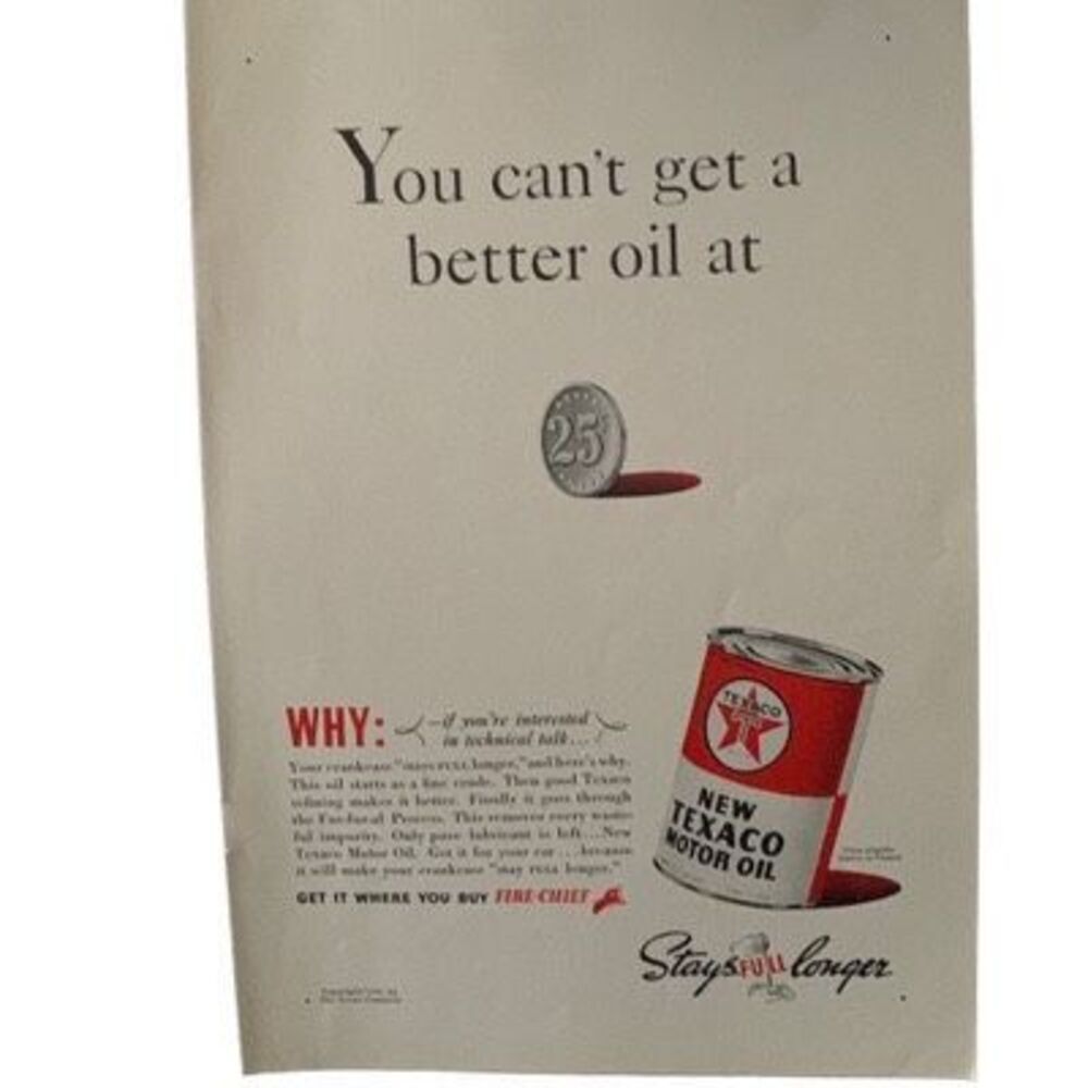 Vintage 1938 Texaco Motor Oil Technical Talk Ad Advertisement